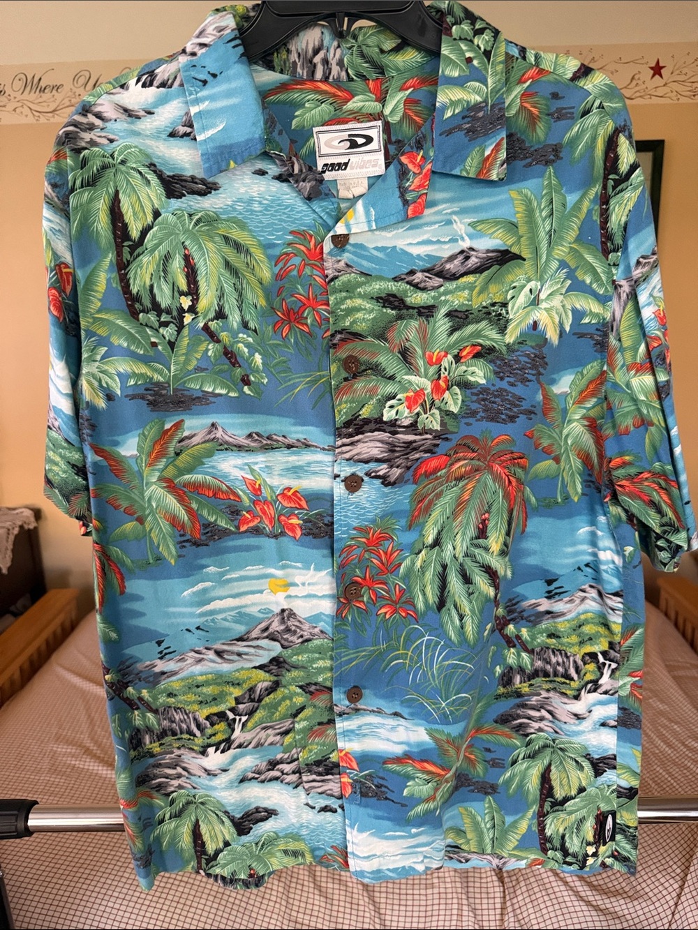 Good Vibes Island-Print Casual Button-Down Shirt in Blue